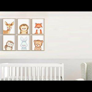 Nursery Decor Baby Forest Animal Drawings Wall Art Set of 6 Prints 8.5x11